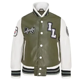 Kids Olive Green Genuine Leather Bomber Jacket Baseball Letterman Coat