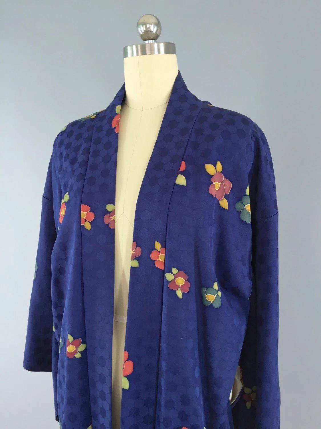 1950s Vintage Silk Haori Kimono Cardigan / Blue Floral Print