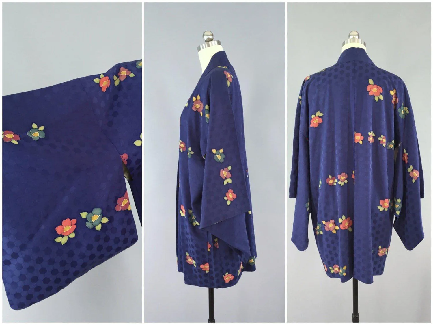 1950s Vintage Silk Haori Kimono Cardigan / Blue Floral Print