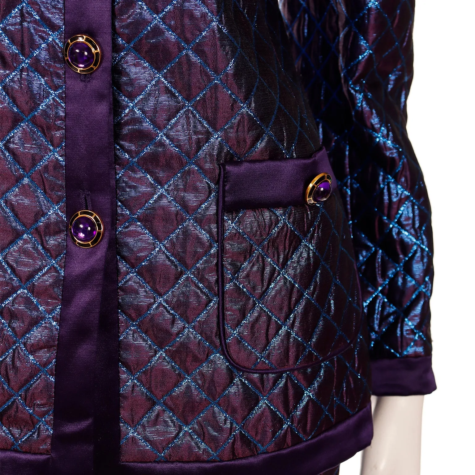 1980s Escada Margaretha Ley Iridescent Purple Blue Quilted Skirt Suit