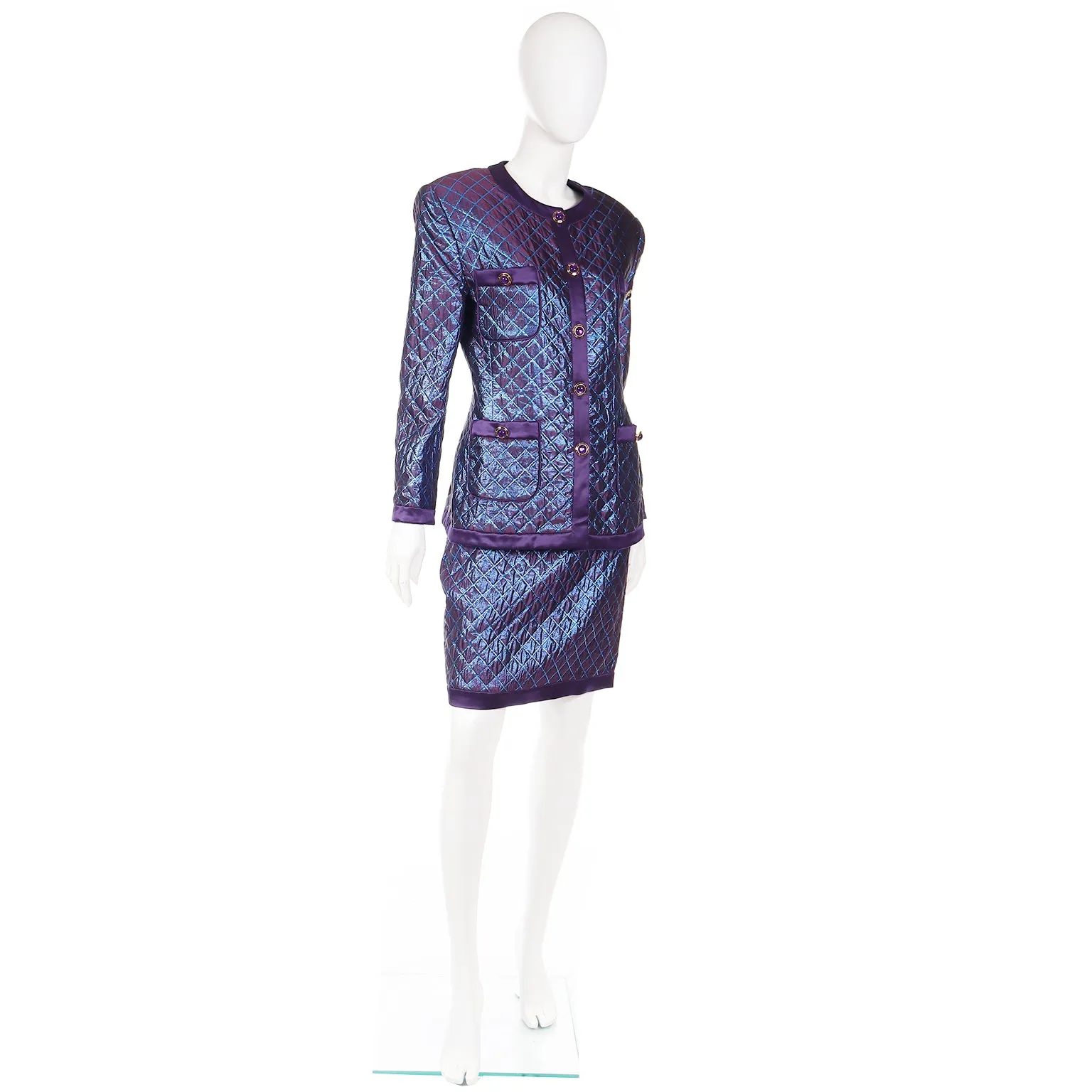 1980s Escada Margaretha Ley Iridescent Purple Blue Quilted Skirt Suit