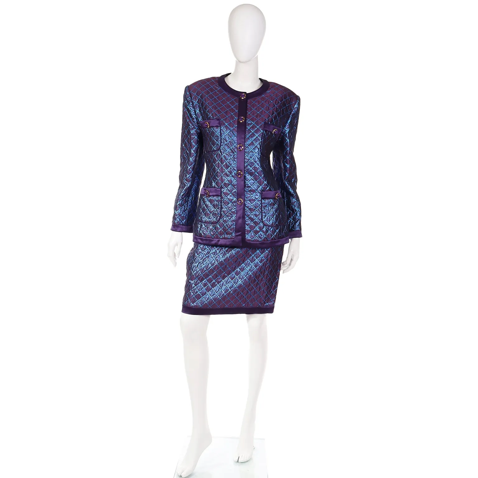 1980s Escada Margaretha Ley Iridescent Purple Blue Quilted Skirt Suit