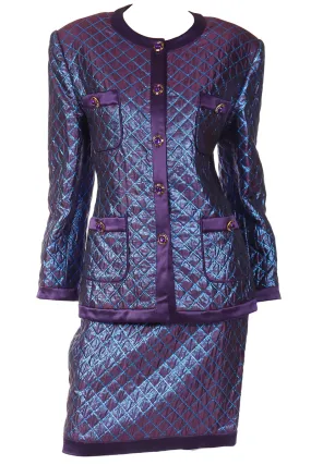 1980s Escada Margaretha Ley Iridescent Purple Blue Quilted Skirt Suit