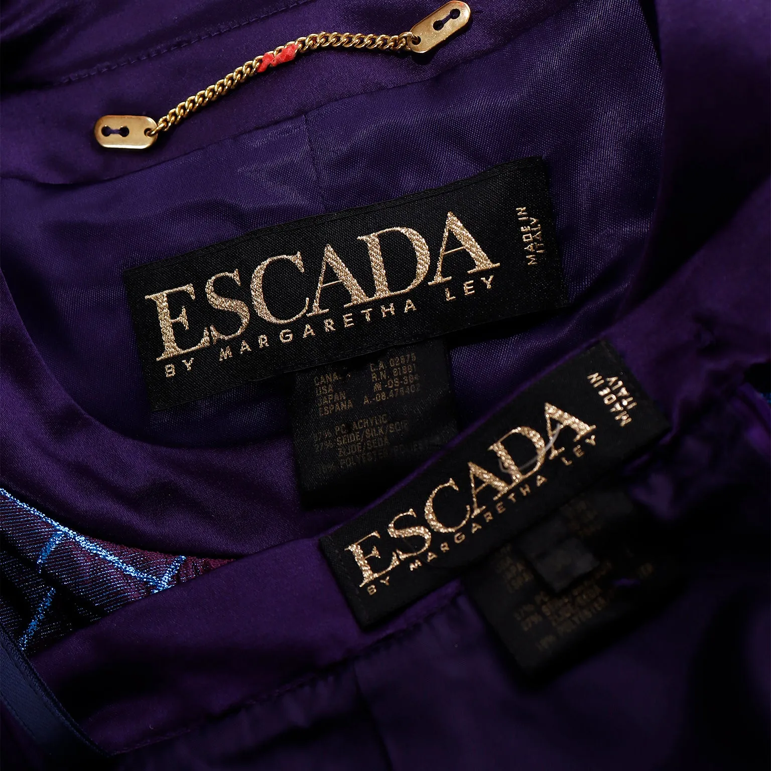 1980s Escada Margaretha Ley Iridescent Purple Blue Quilted Skirt Suit