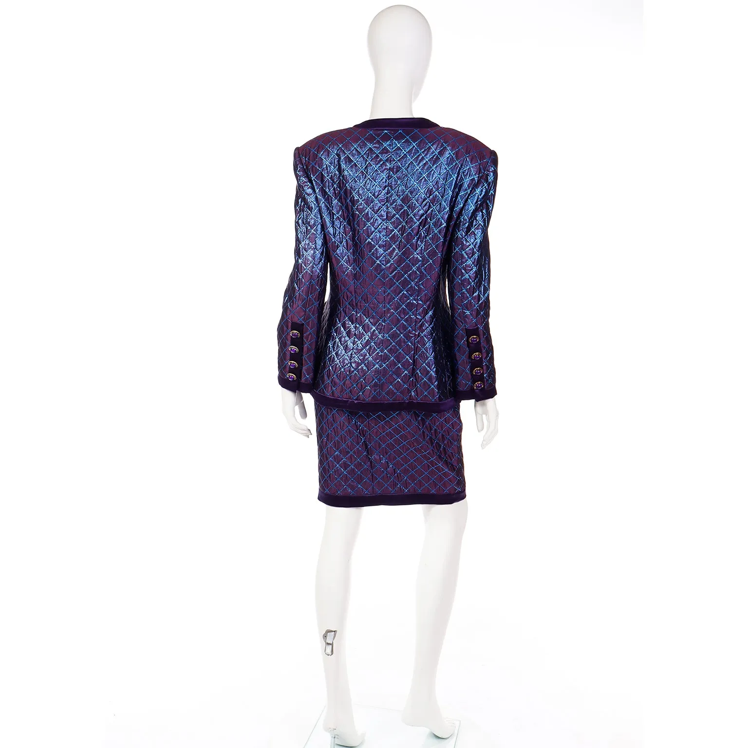 1980s Escada Margaretha Ley Iridescent Purple Blue Quilted Skirt Suit