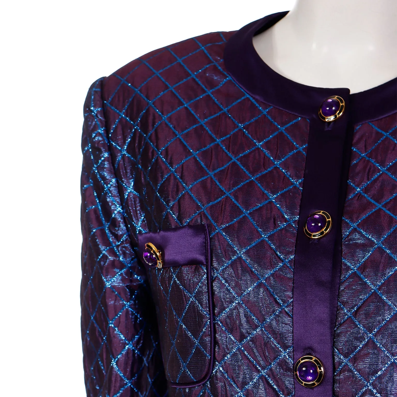 1980s Escada Margaretha Ley Iridescent Purple Blue Quilted Skirt Suit