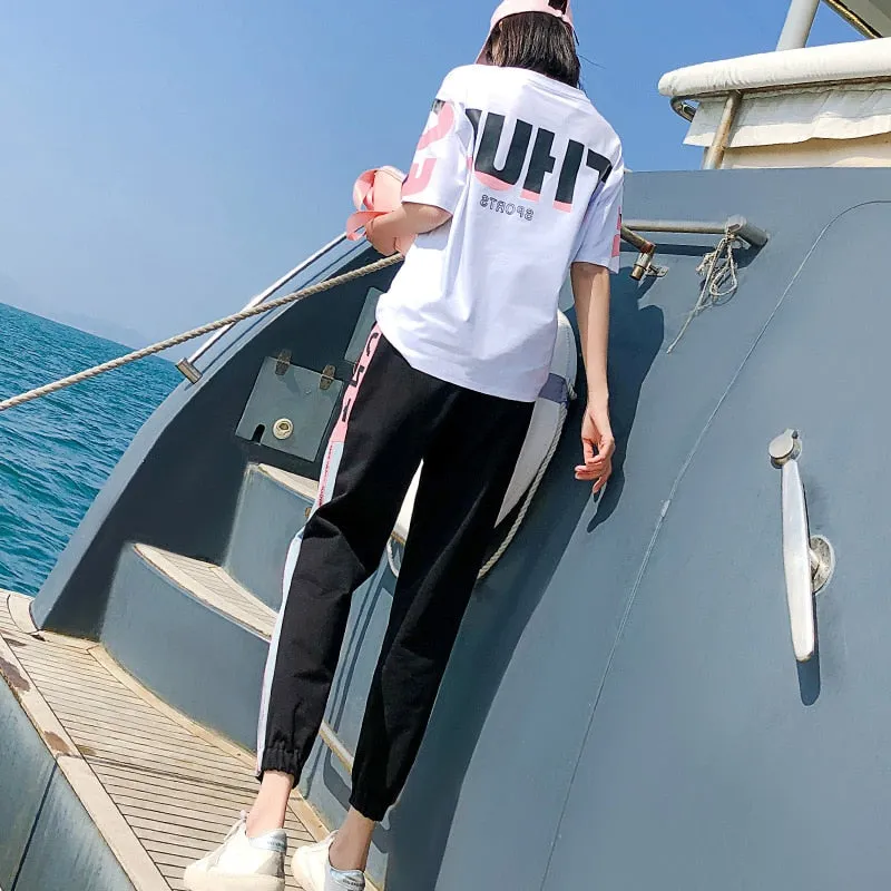 2020 Fashion Women Clothes Tracksuit Two Piece Set Summer Casual Sportswear Ins Suit O-neck Printing T shirt   Harem Pants