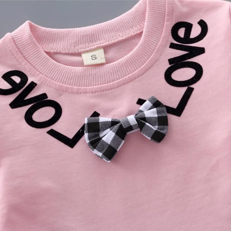 2pcs Fashion Color-block Plaid Love Print Pullover and Pants Children's Clothing