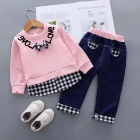 2pcs Fashion Color-block Plaid Love Print Pullover and Pants Children's Clothing