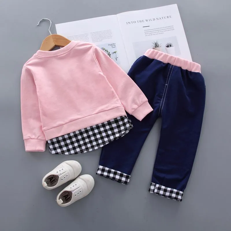 2pcs Fashion Color-block Plaid Love Print Pullover and Pants Children's Clothing