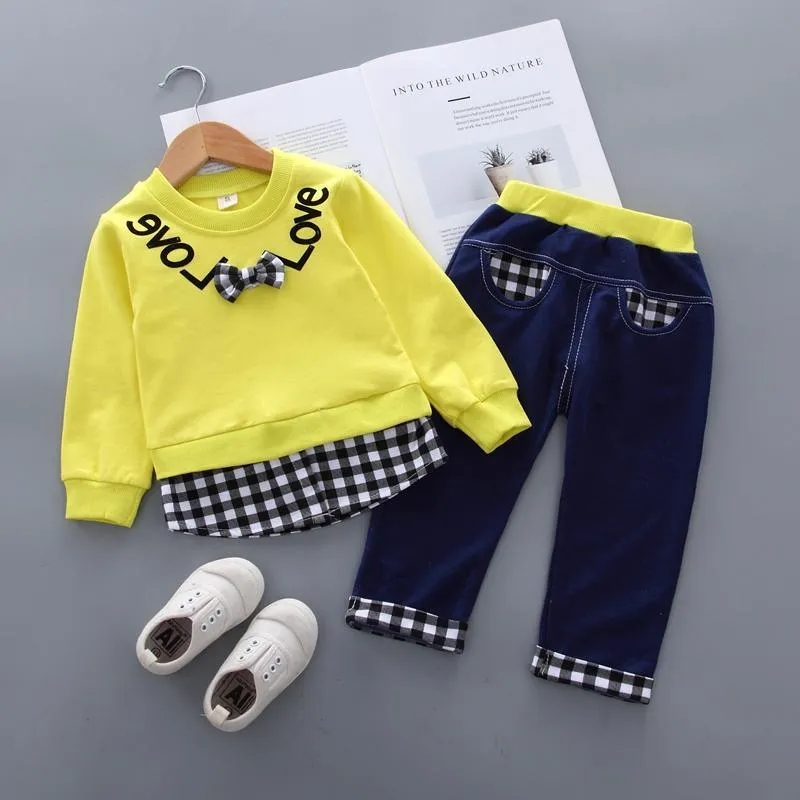 2pcs Fashion Color-block Plaid Love Print Pullover and Pants Children's Clothing