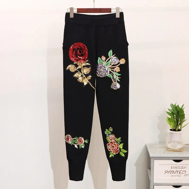 2Pcs Floral Sequin Embroidered Sweater & Pants Set