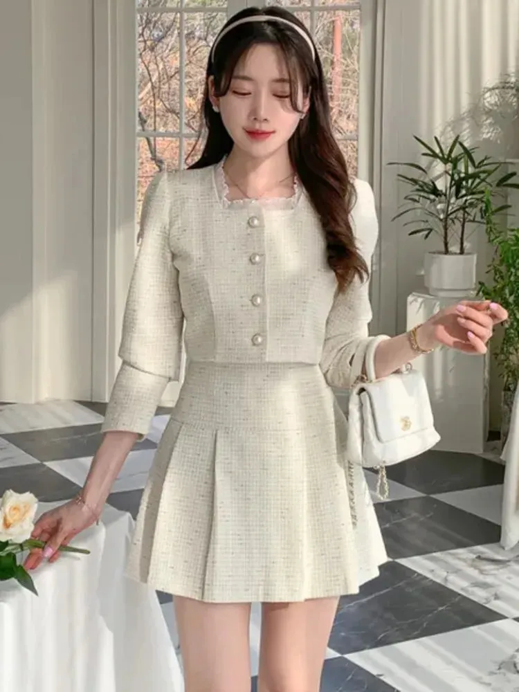 Aiertu High Quality 2024 spring Small Fragrant Two Piece Set Women Outfit Short Jacket Coat   Skirt 2 Piece Sets Conjuntos Cortos