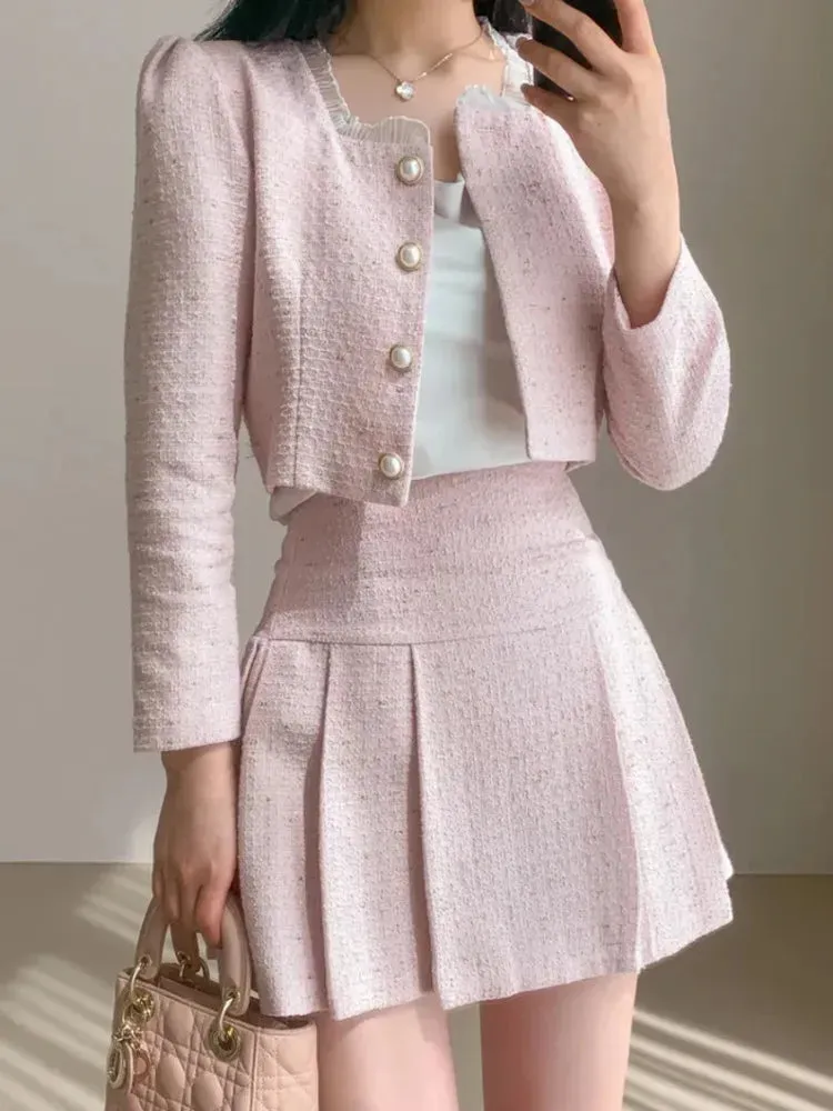 Aiertu High Quality 2024 spring Small Fragrant Two Piece Set Women Outfit Short Jacket Coat   Skirt 2 Piece Sets Conjuntos Cortos