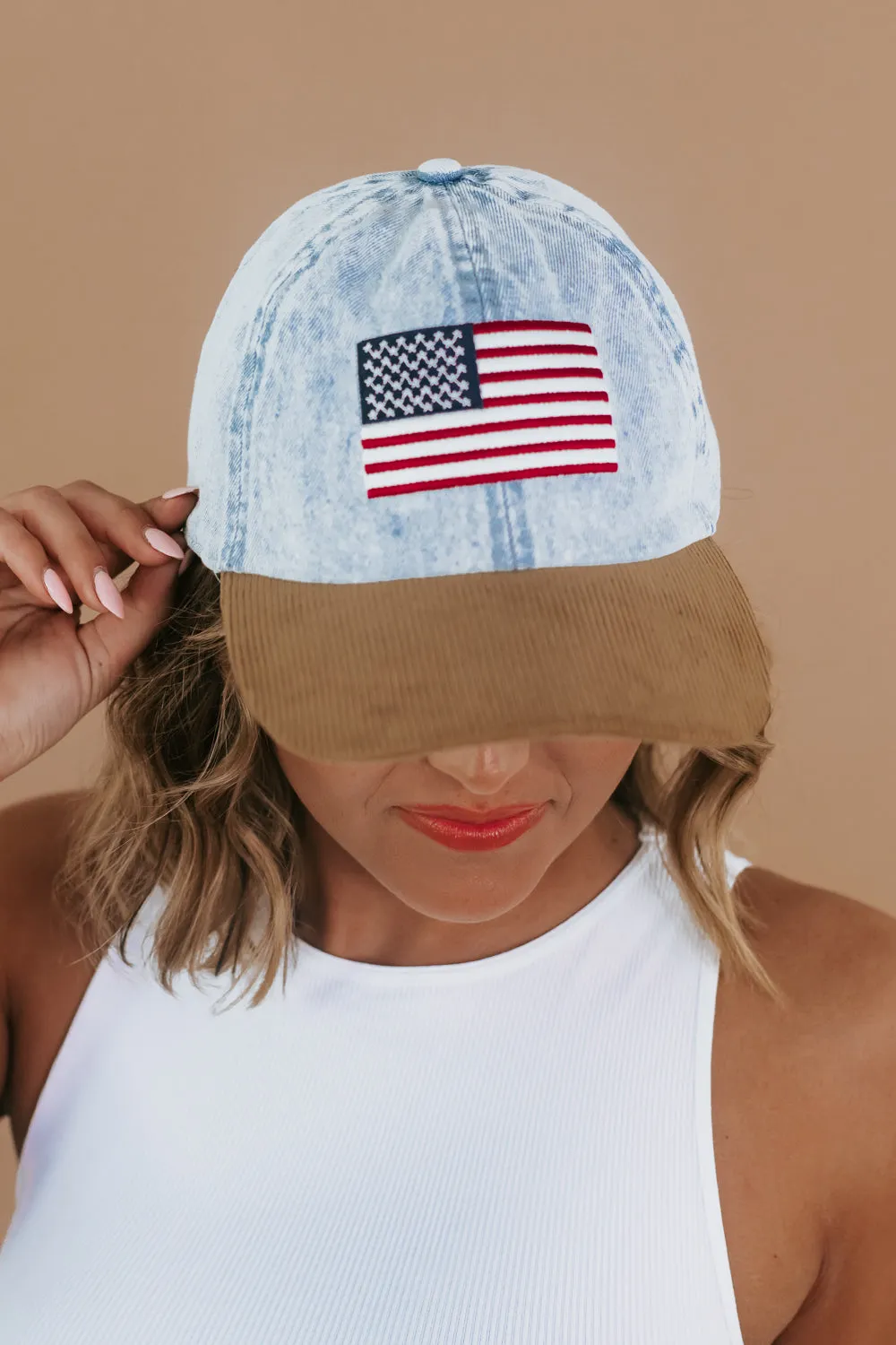 American Flag Embroidered Baseball Cap With Corduroy brim