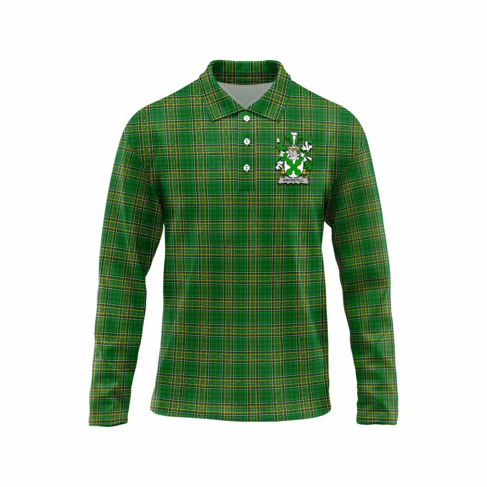 Ancketill Irish Clan Tartan Long Sleeve Polo Shirt with Coat of Arms