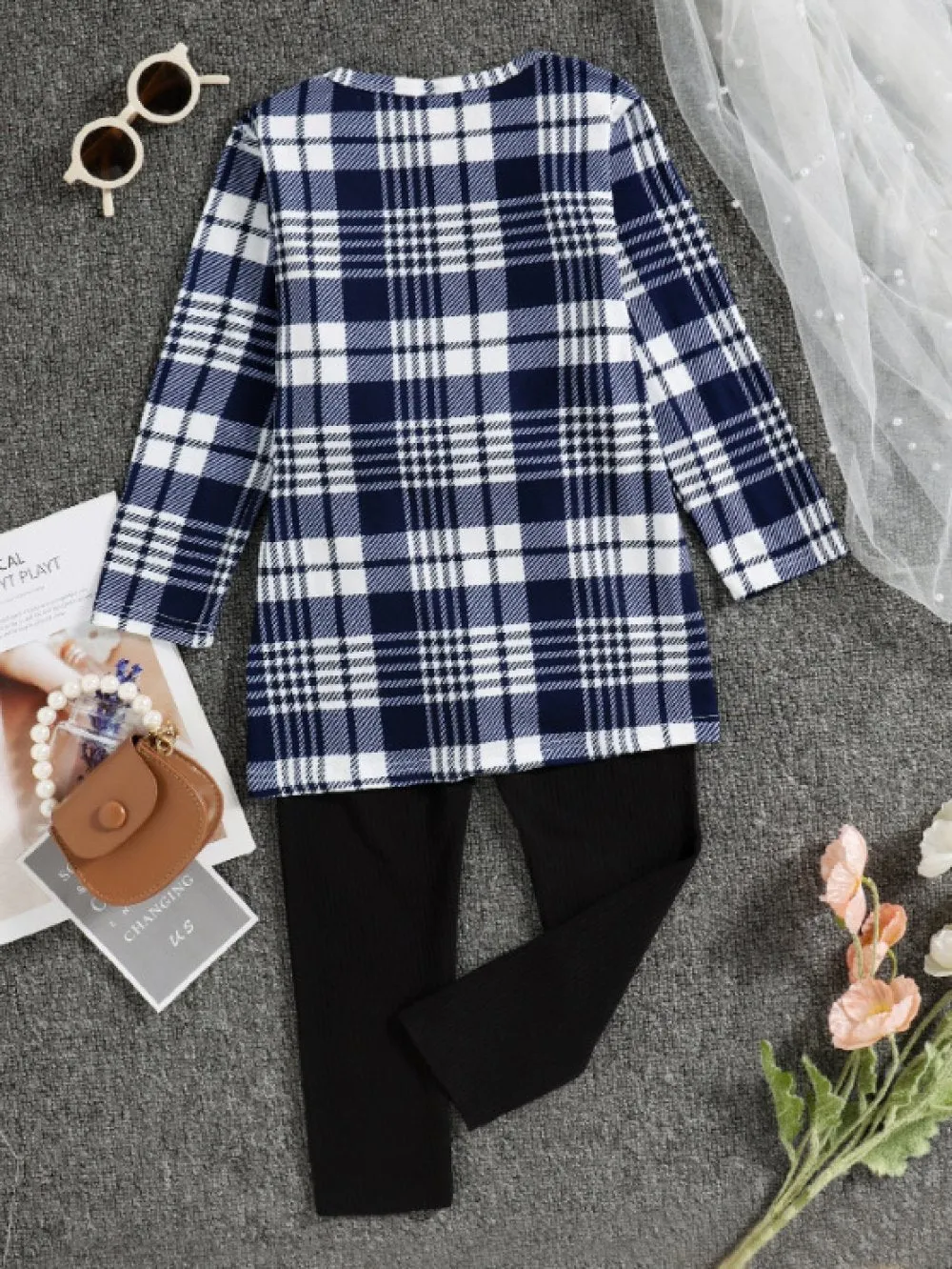 Autumn Western-style Girls Plaid Coat   Sling   Pants Set Wholesale Girls Clothes