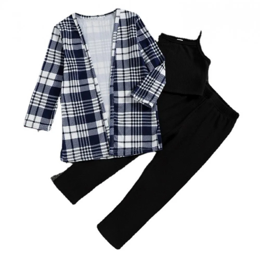 Autumn Western-style Girls Plaid Coat   Sling   Pants Set Wholesale Girls Clothes