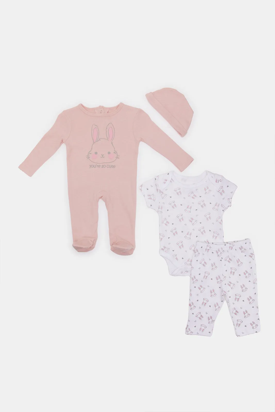 Babies Pink And White Bunny Print Gift Set (4 Piece)