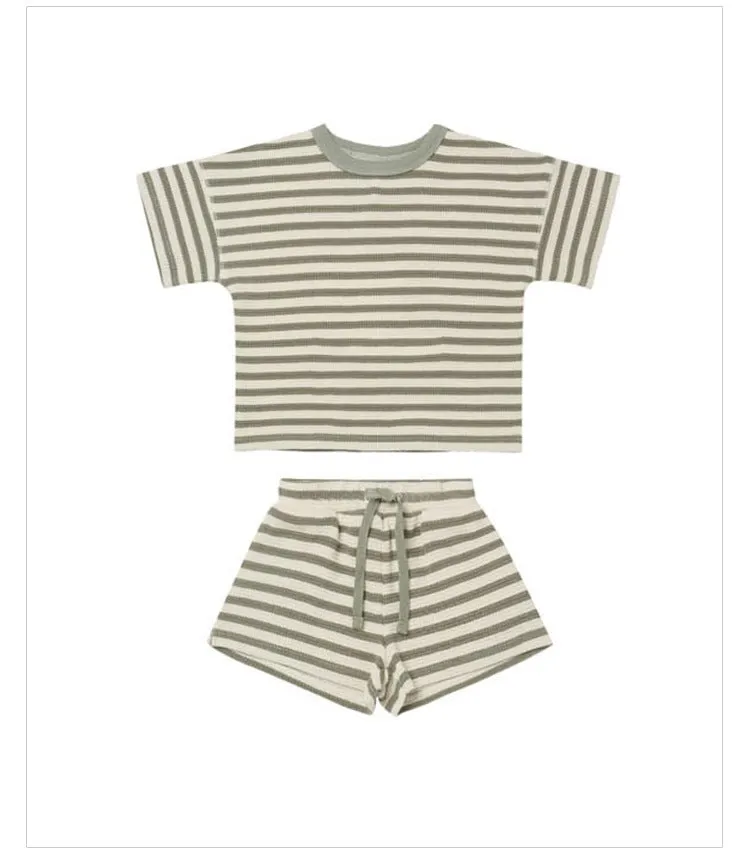 Baby Girl Short Sleeve Shorts Waffle Crew Neck Striped Two Piece Set