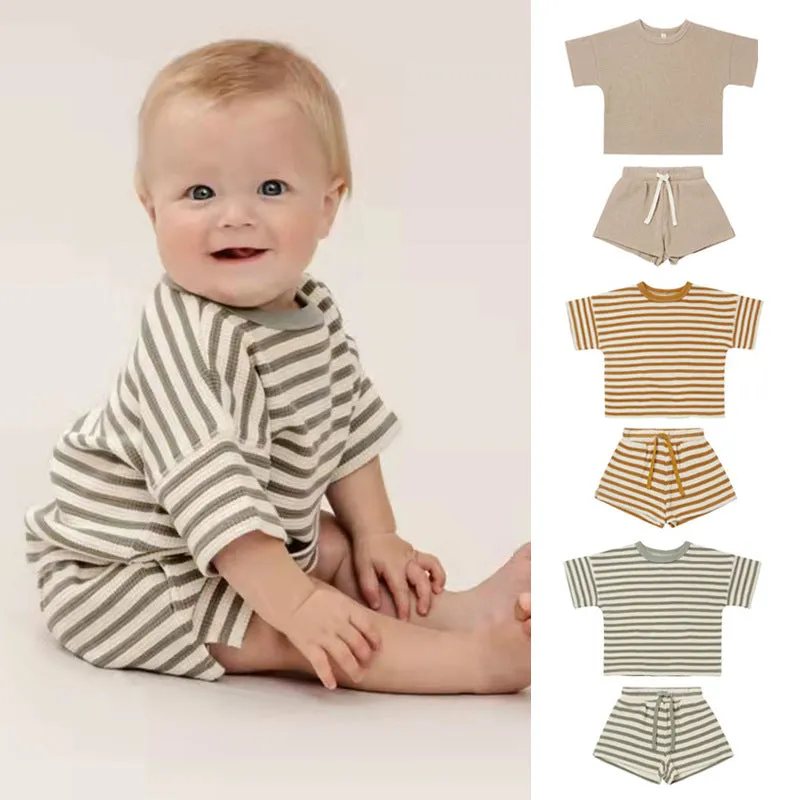 Baby Girl Short Sleeve Shorts Waffle Crew Neck Striped Two Piece Set