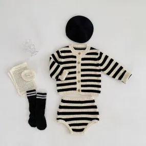 Baby Sweater Autumn and Winter Striped Knitted Wool Cardigan Shorts Set Wholesale Baby Clothes