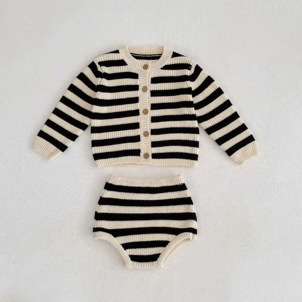 Baby Sweater Autumn and Winter Striped Knitted Wool Cardigan Shorts Set Wholesale Baby Clothes