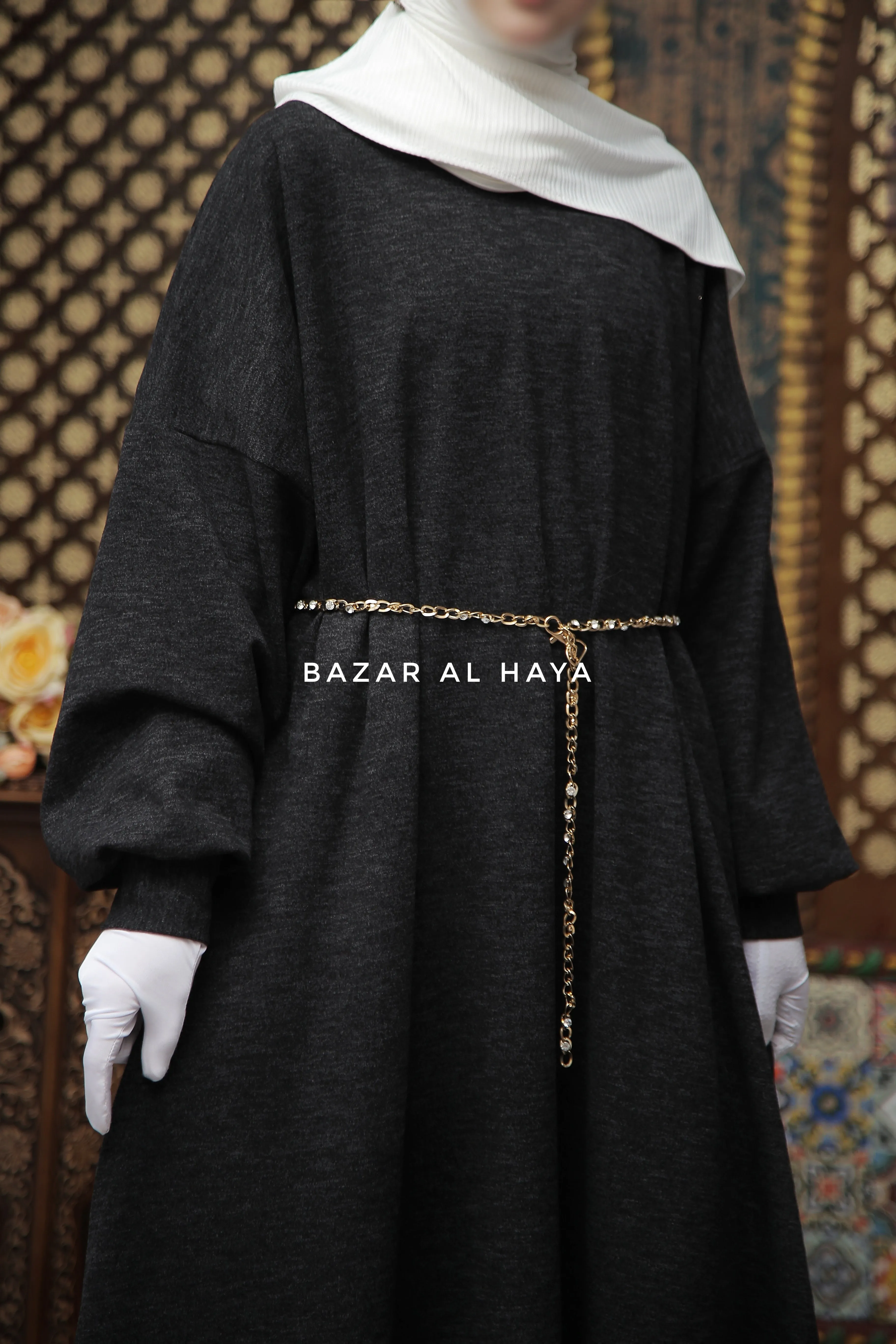 Basimah Charcoal Classic Design Warm Abaya Coat - Premium Wool