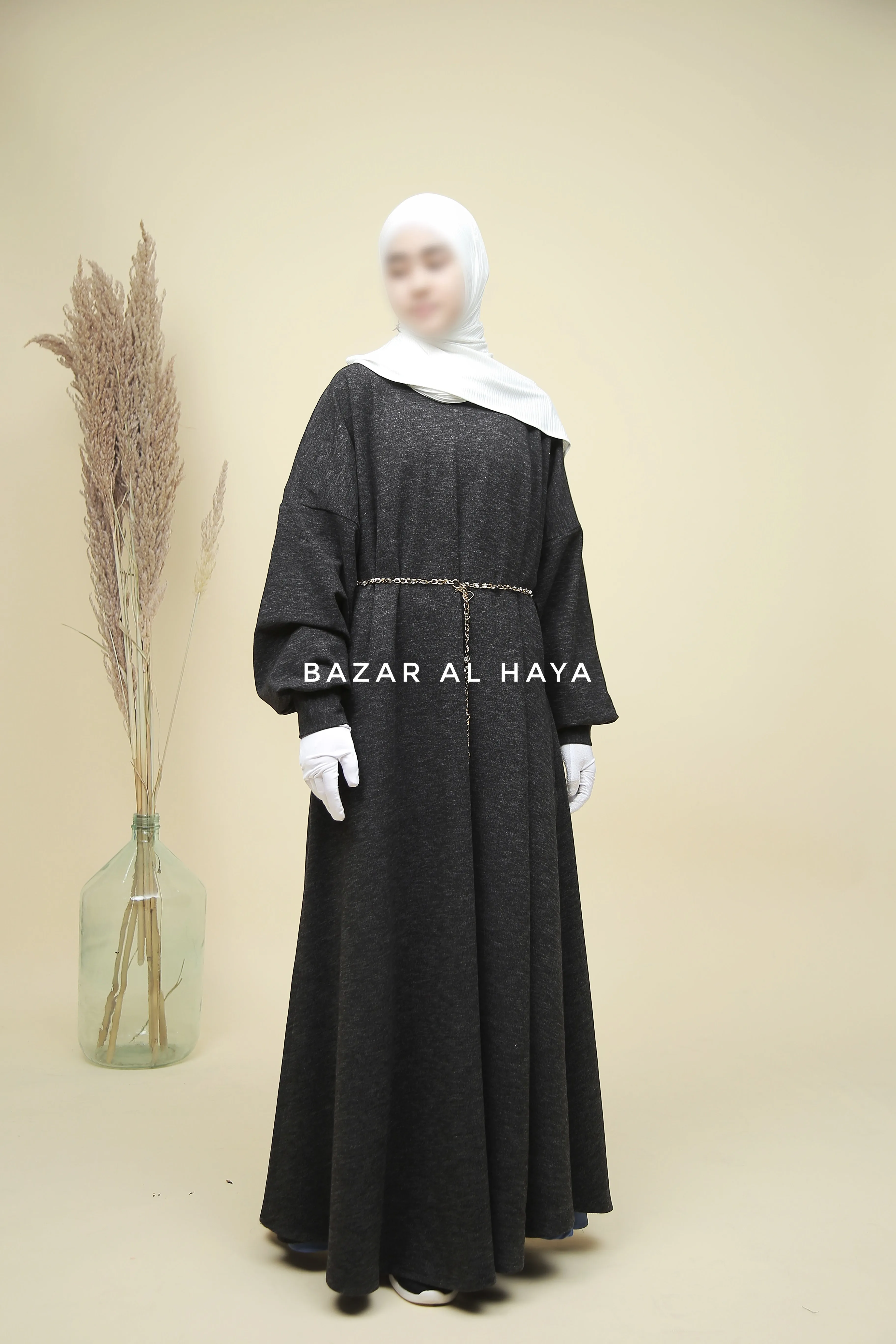 Basimah Charcoal Classic Design Warm Abaya Coat - Premium Wool