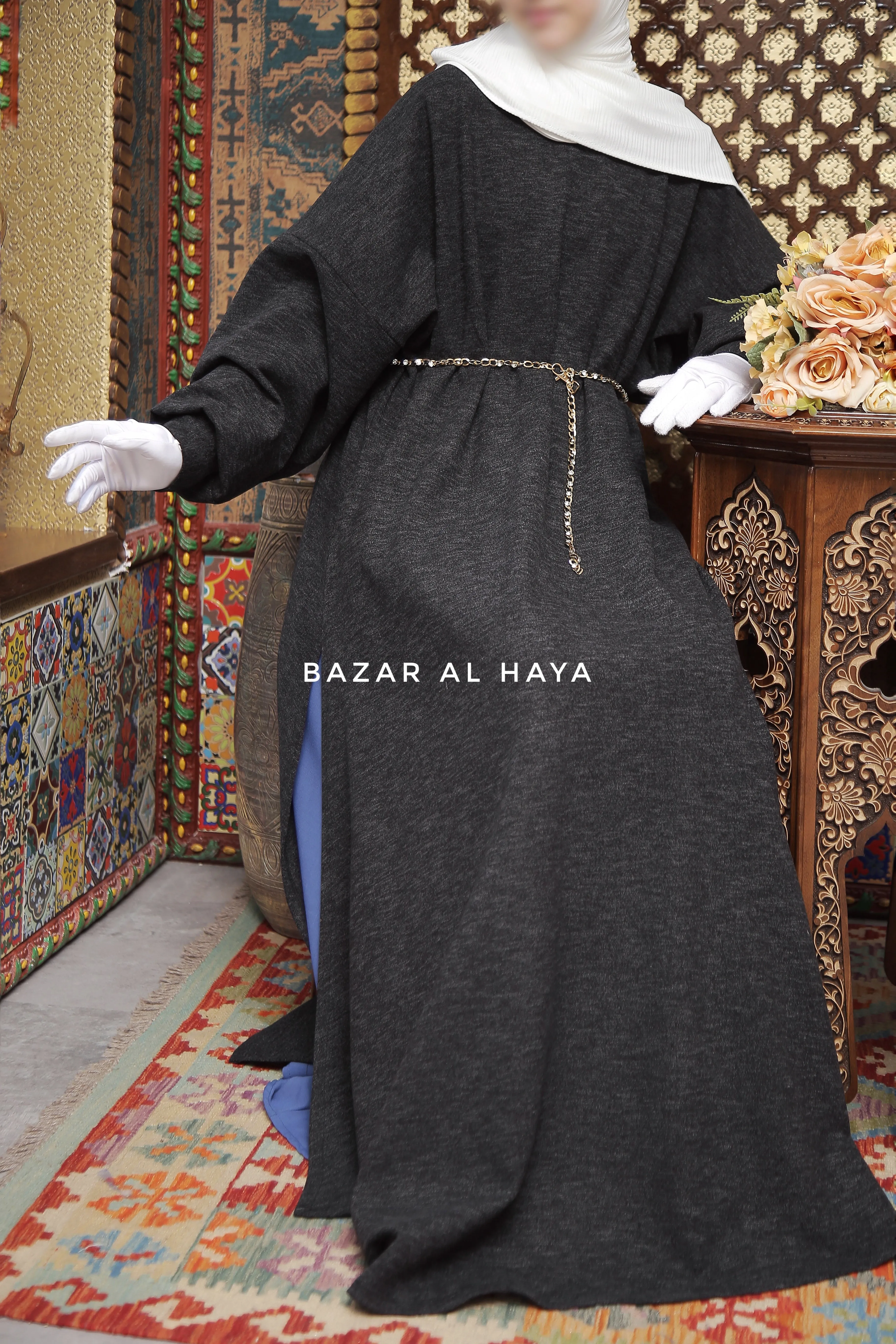 Basimah Charcoal Classic Design Warm Abaya Coat - Premium Wool