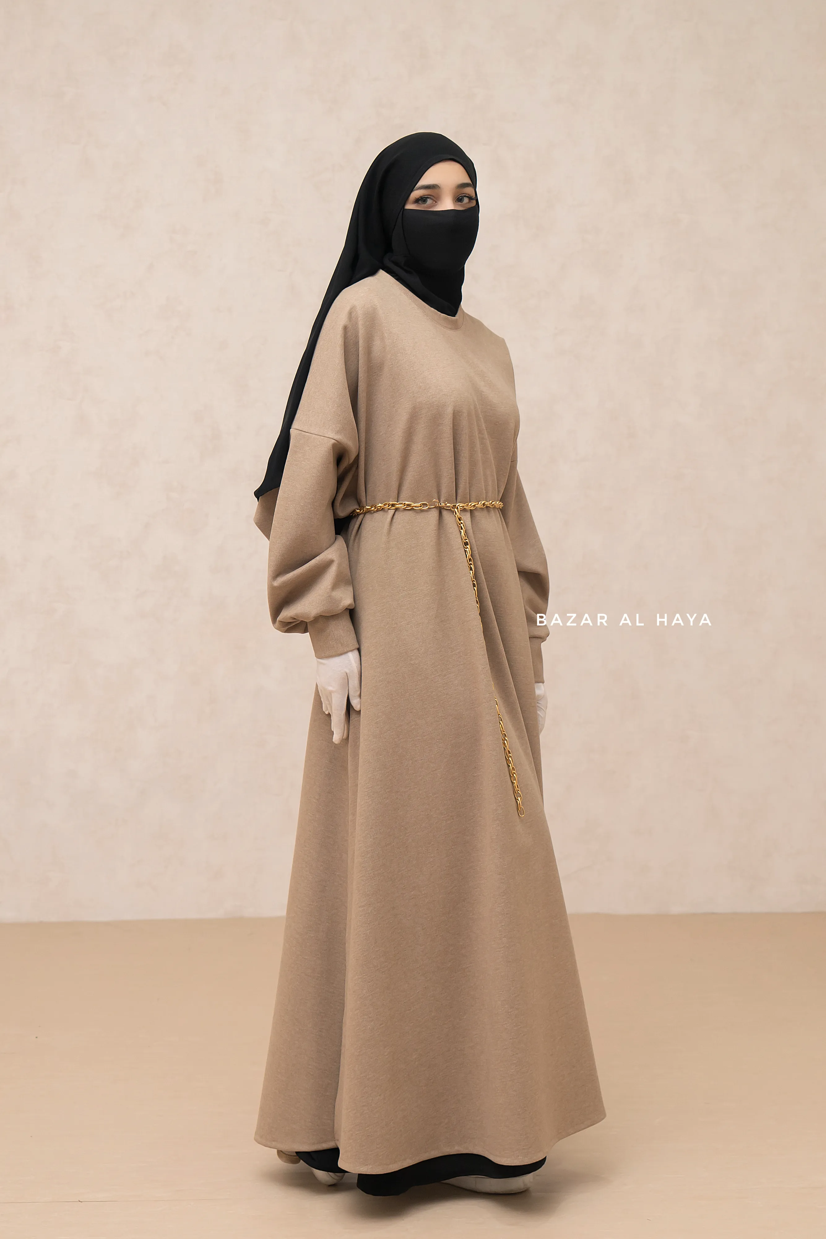 Beige Basimah Classic Design Warm Abaya Coat - Premium Wool