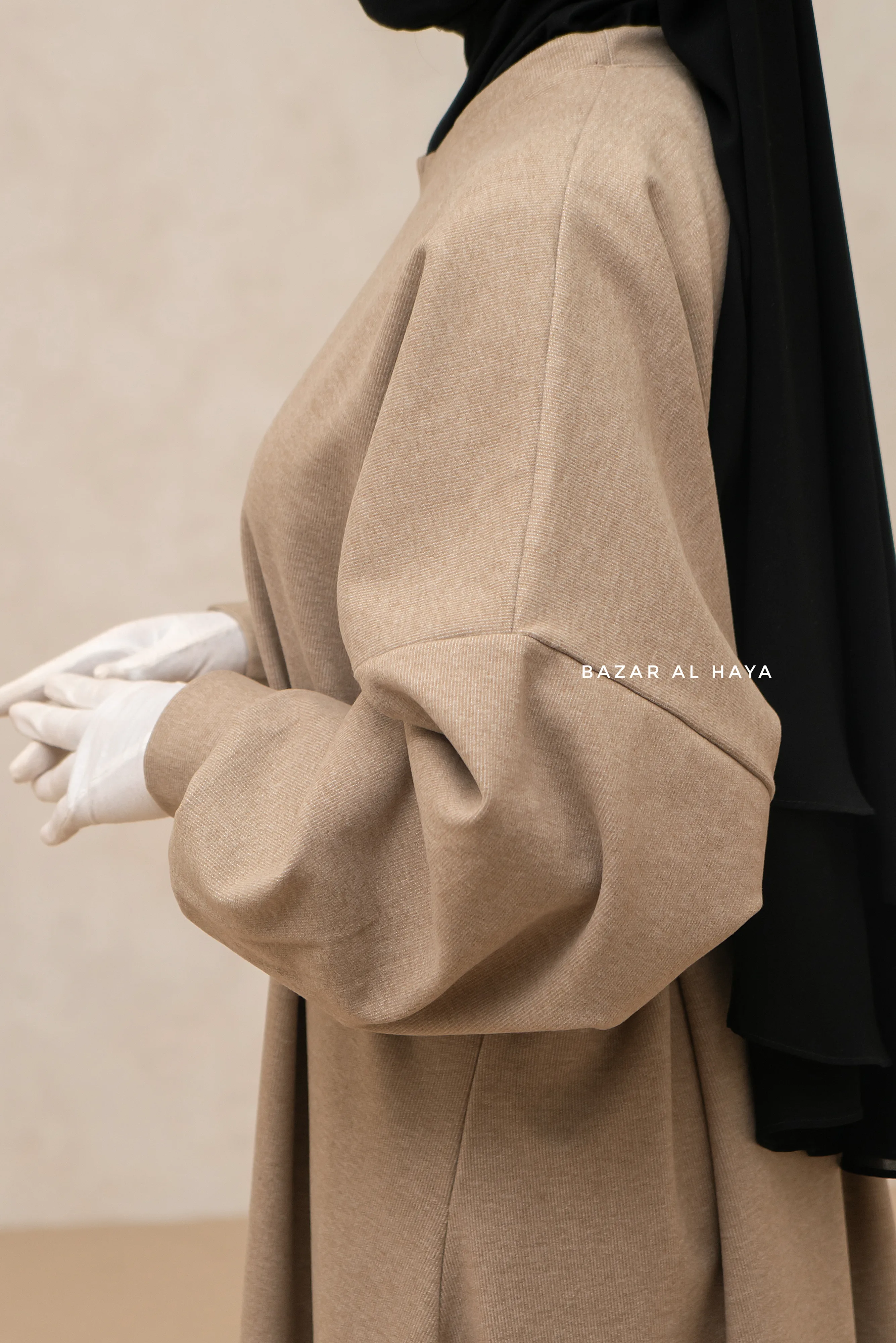 Beige Basimah Classic Design Warm Abaya Coat - Premium Wool