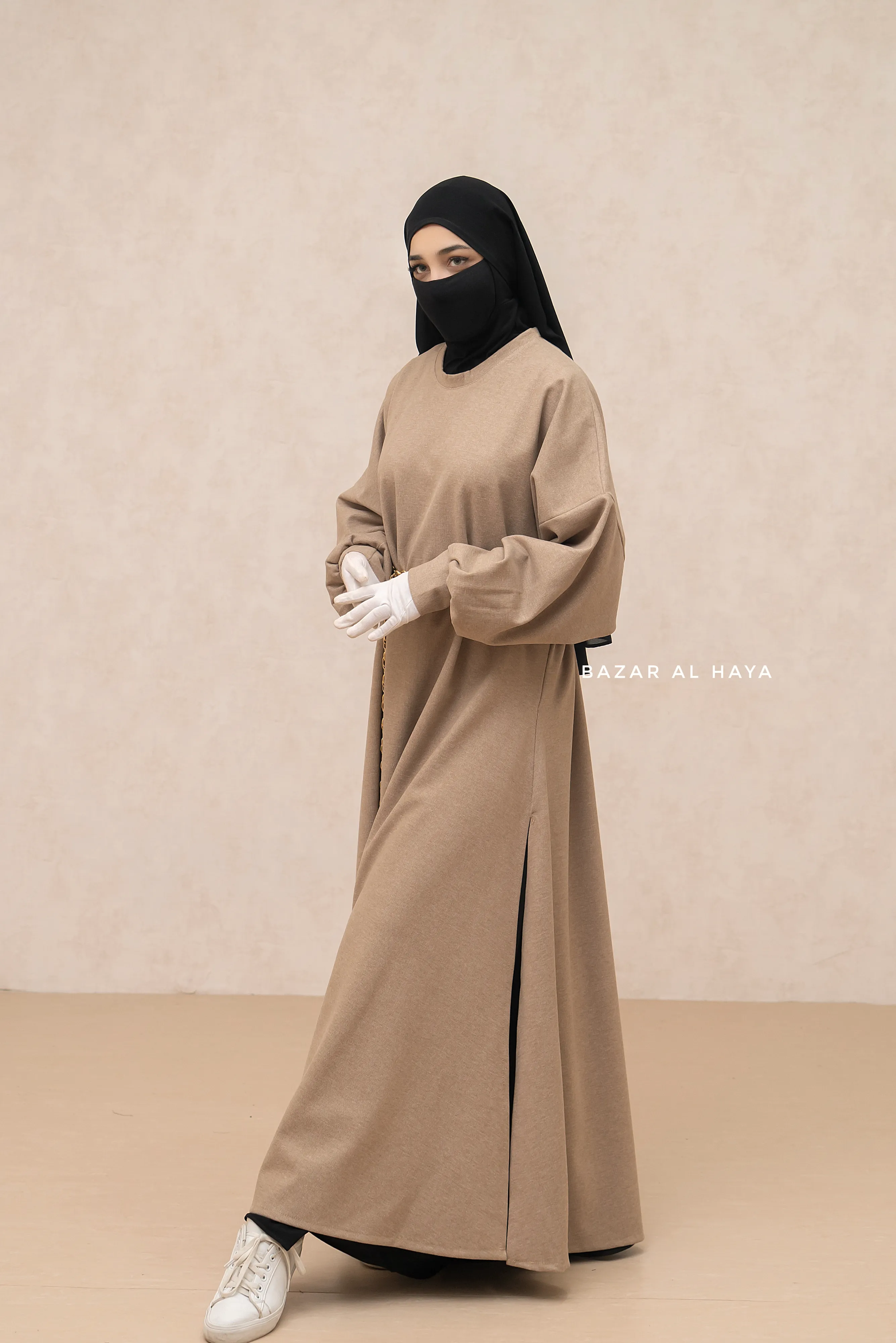 Beige Basimah Classic Design Warm Abaya Coat - Premium Wool