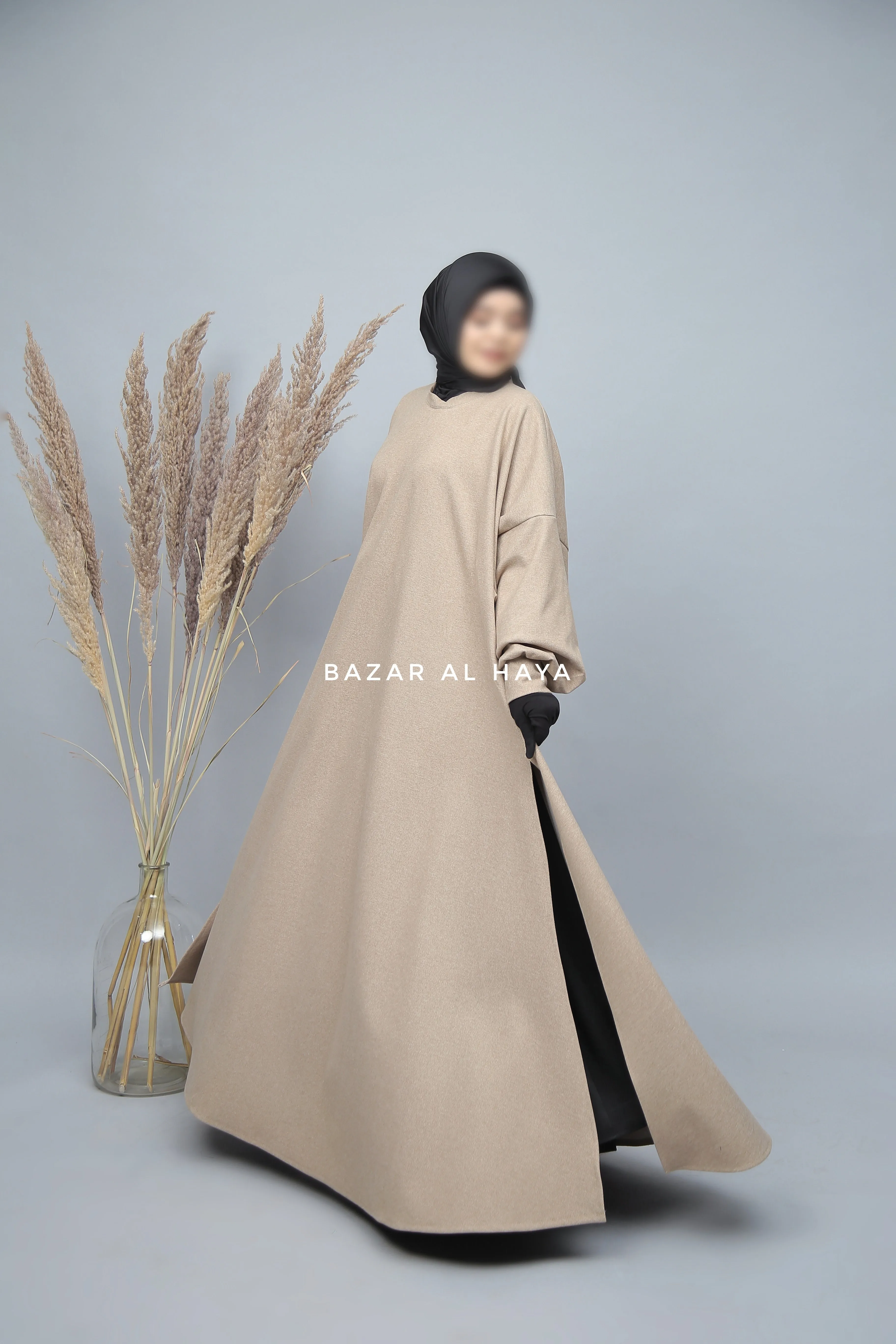 Beige Basimah Classic Design Warm Abaya Coat - Premium Wool