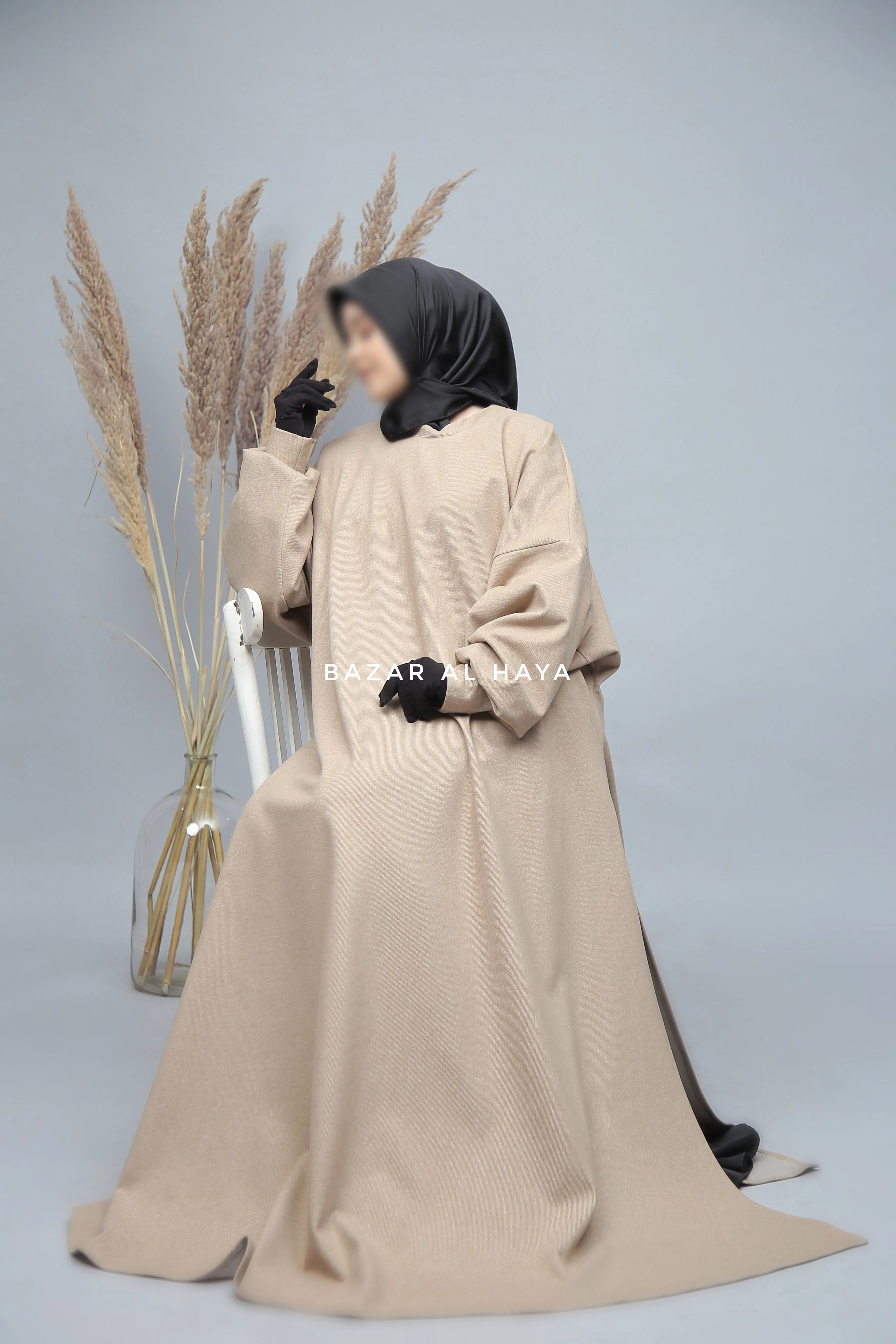 Beige Basimah Classic Design Warm Abaya Coat - Premium Wool