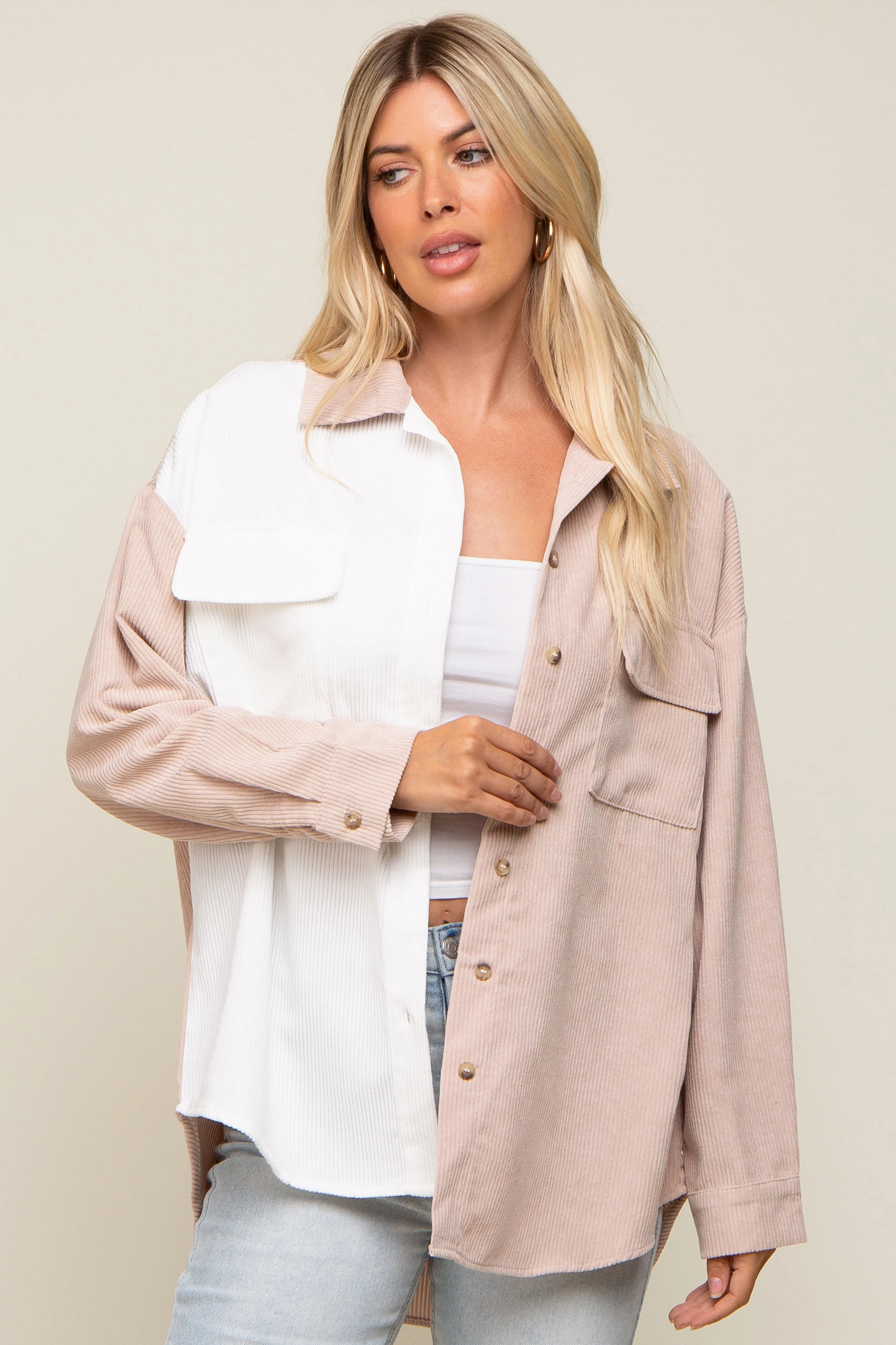 Beige Color Blocked Corduroy Button Down Maternity Top