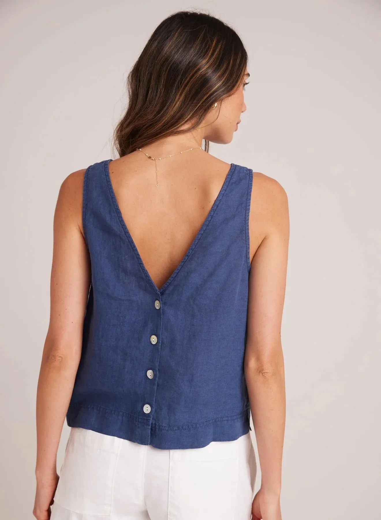 BEL Button Back V-Neck Linen Tank Top