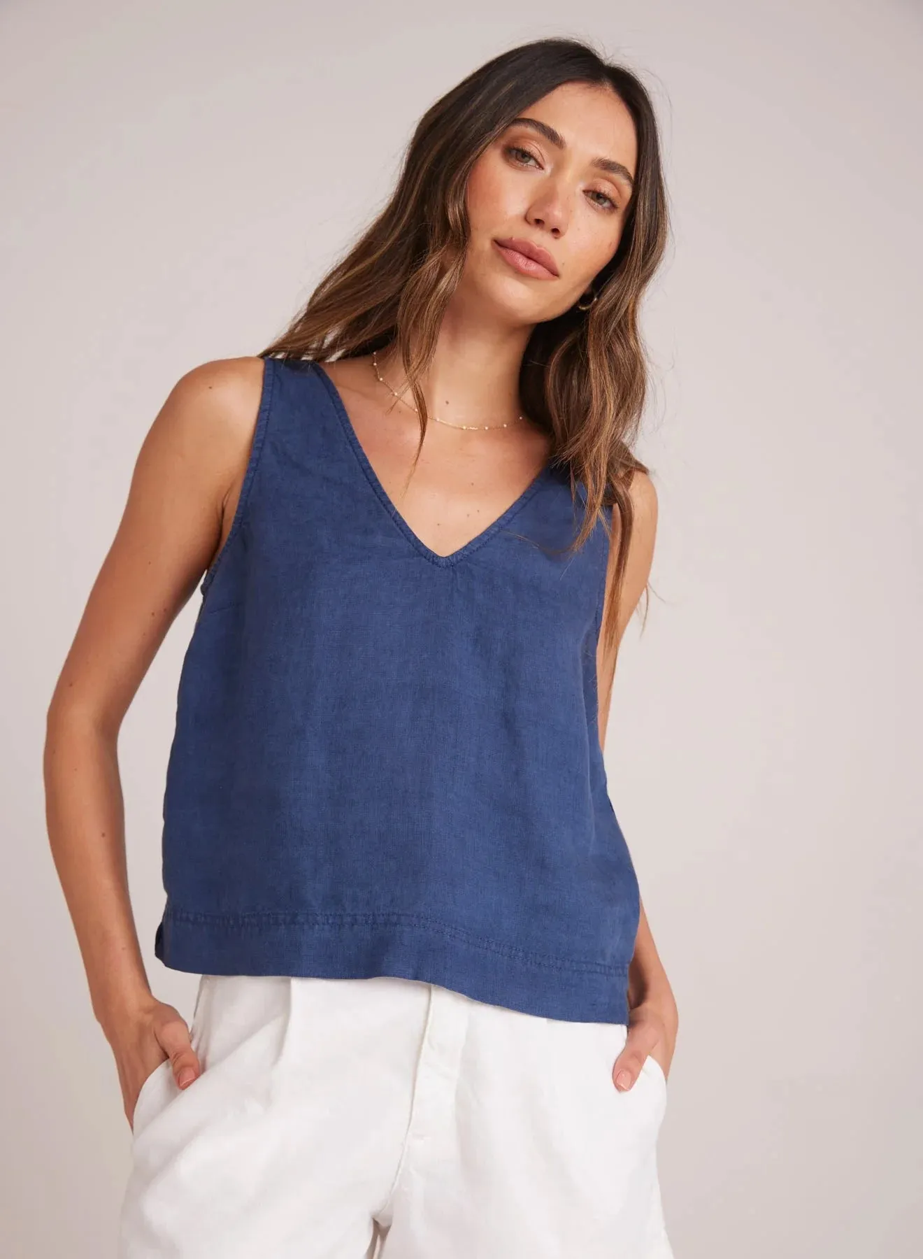 BEL Button Back V-Neck Linen Tank Top