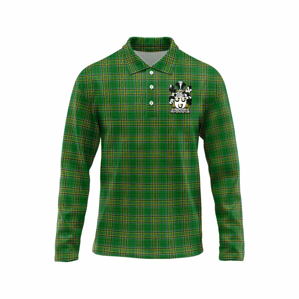 Bellingham Irish Clan Tartan Long Sleeve Polo Shirt with Coat of Arms