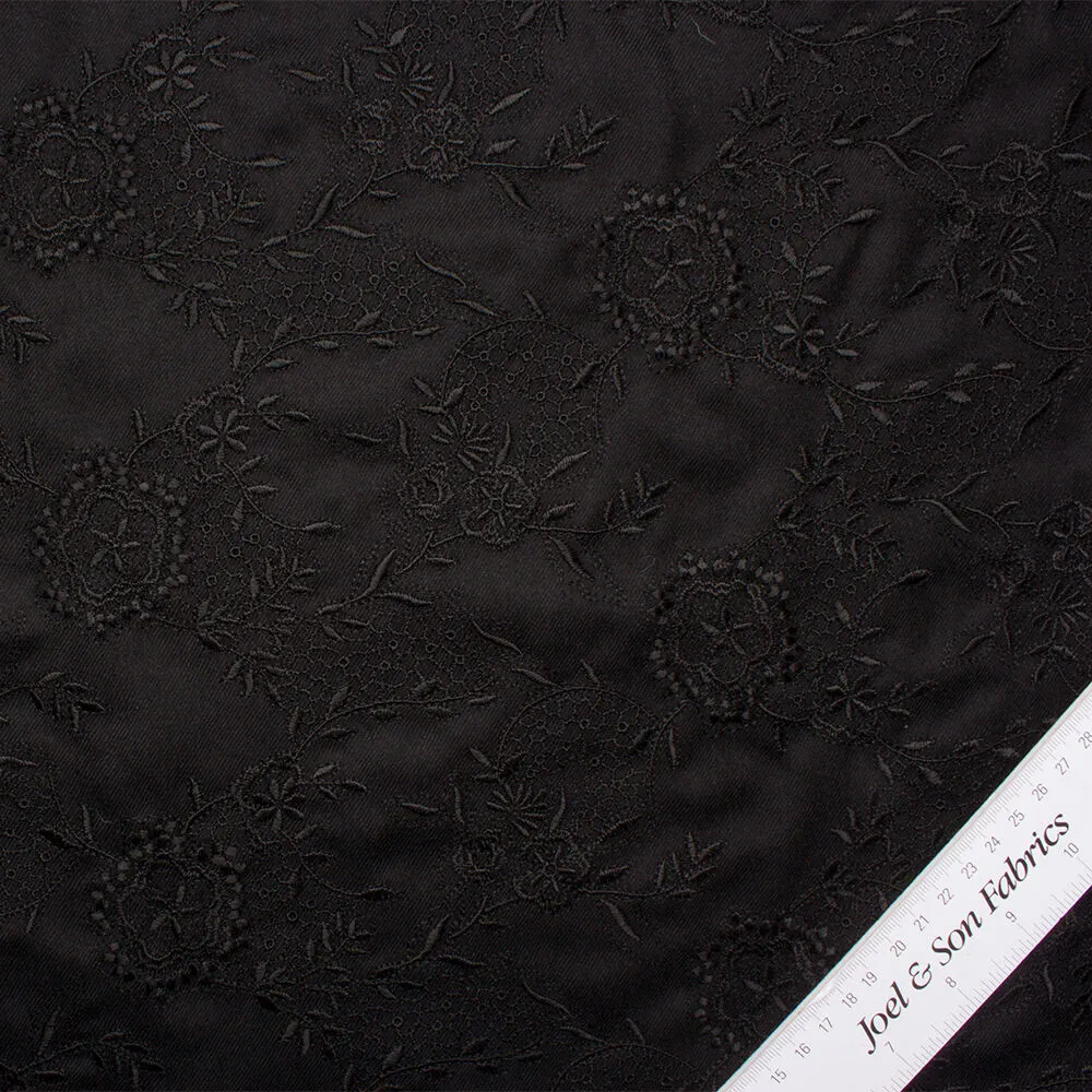 Black Floral Embroidered Wool Coating