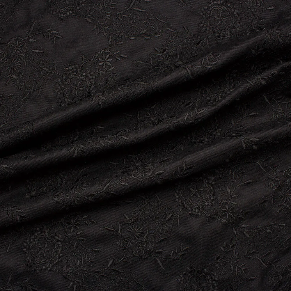 Black Floral Embroidered Wool Coating