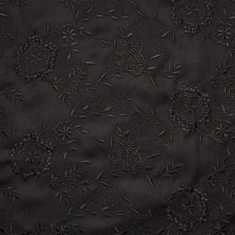 Black Floral Embroidered Wool Coating