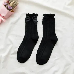 Black Lace Frilly Socks with Bow | Mysterious and Elegant Crew Socks