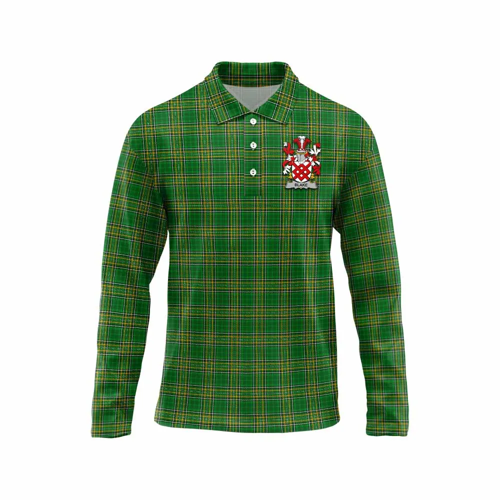 Blake Irish Clan Tartan Long Sleeve Polo Shirt with Coat of Arms