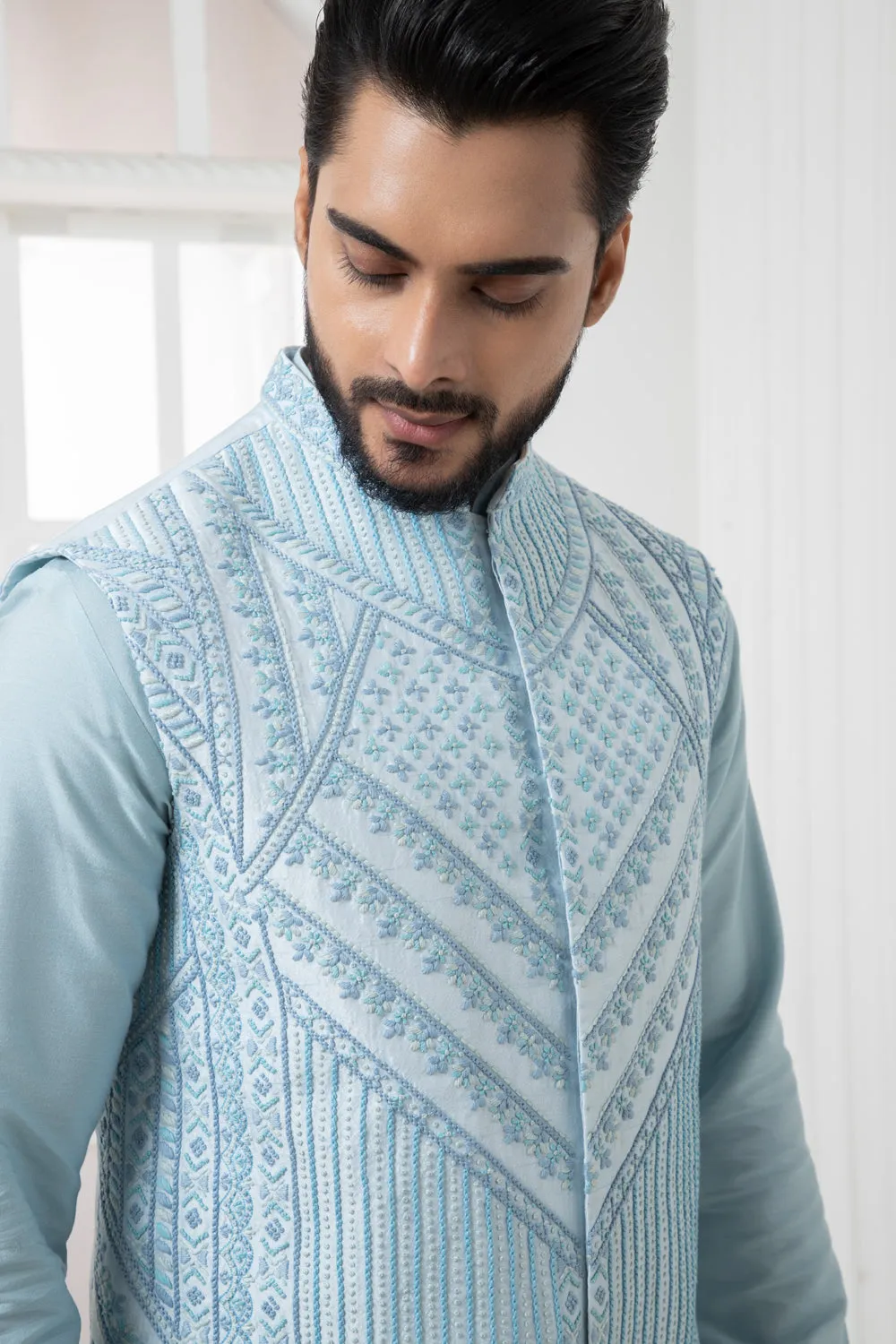 Blue Geometric Jacket With Kurta Set