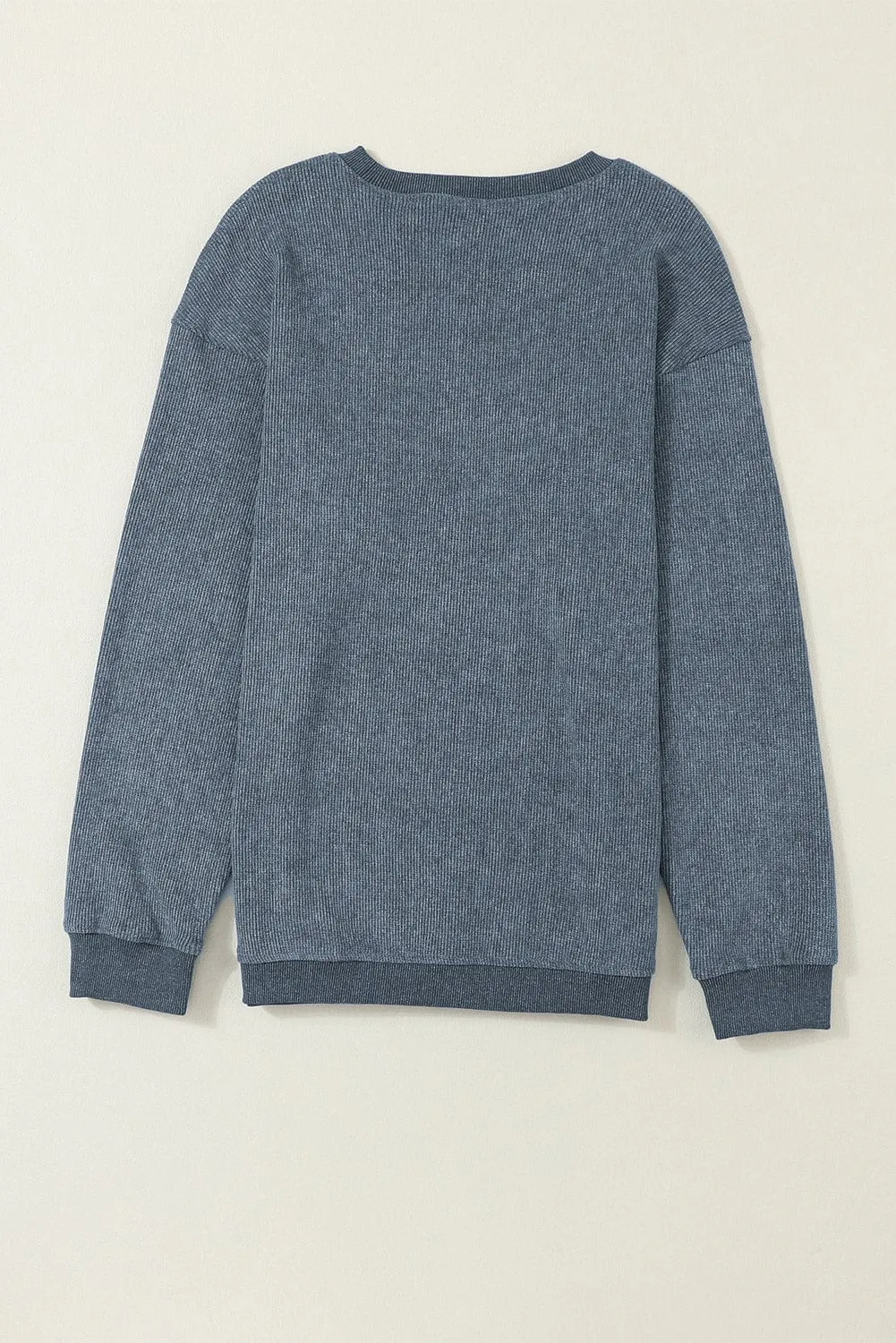 Blue Ribbed Knit Round Neck Pullover Sweatshirt with Solid Color