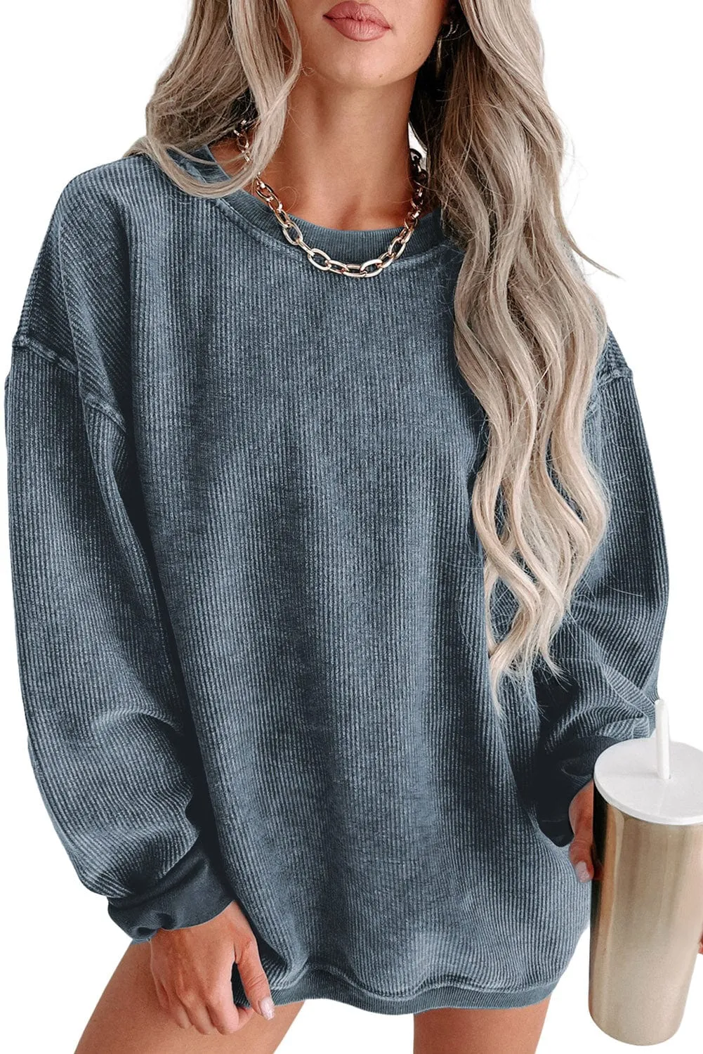 Blue Ribbed Knit Round Neck Pullover Sweatshirt with Solid Color