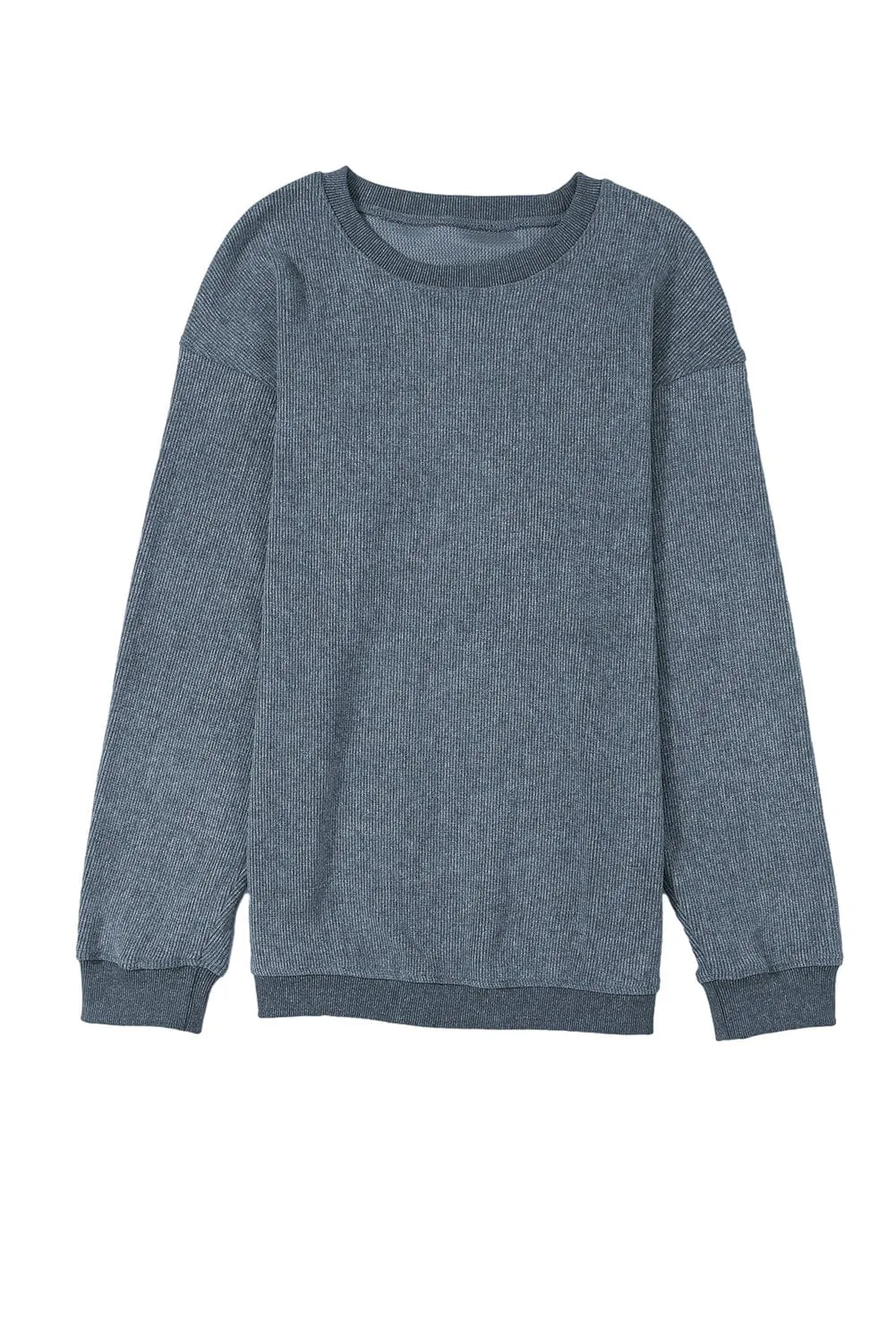 Blue Ribbed Knit Round Neck Pullover Sweatshirt with Solid Color