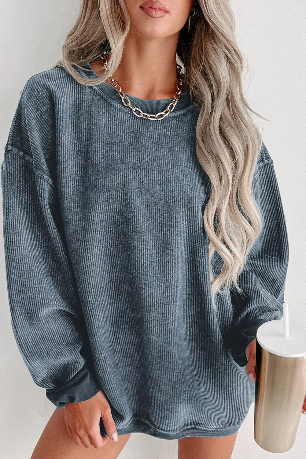 Blue Ribbed Knit Round Neck Pullover Sweatshirt with Solid Color