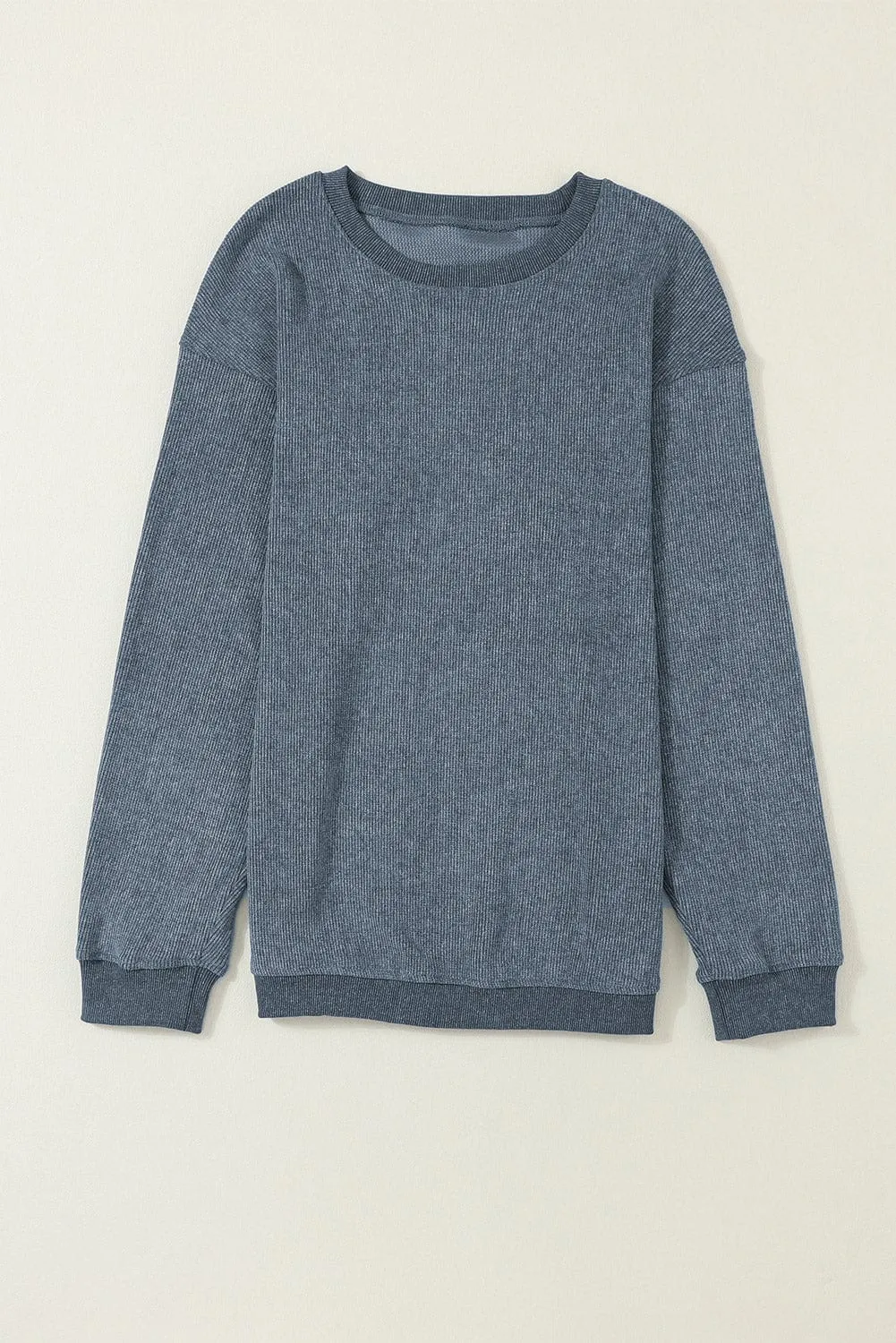 Blue Ribbed Knit Round Neck Pullover Sweatshirt with Solid Color